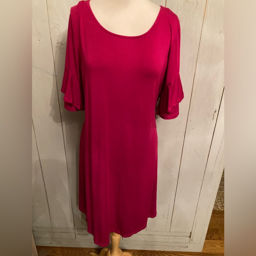 Karen Kane Berry Ruffle puff sleeve‎ midi Knit Rayon dress pink Sz-XL